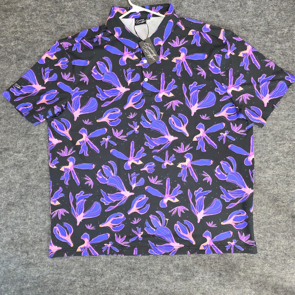Sunday Swagger Polo Shirt Mens 3XL Black Purple Floral Beach‎ Short Sleeve Golf